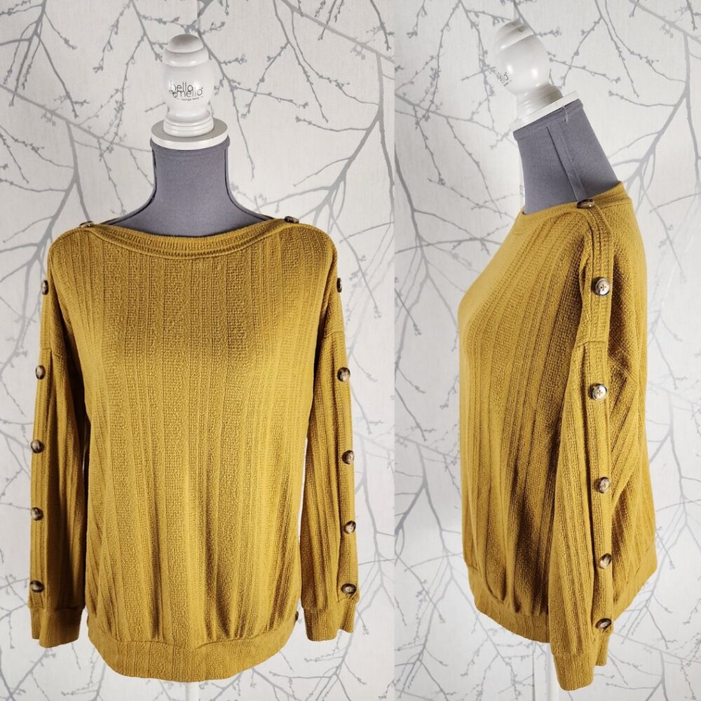 GYFT Mustard Yellow Ribbed Knit Button Sleeve Top